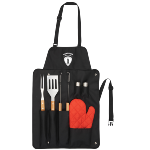 BBQ Apron Set--Includes Apron, Spatula, Tongs, Fork, Oven Mitt and Salt & Pepper Shakers