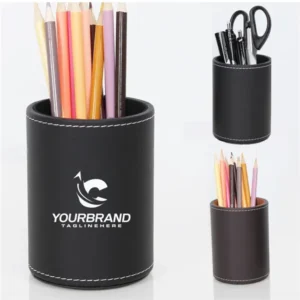 Circular Leather Pen Holder Desktop Stationery Storage Box